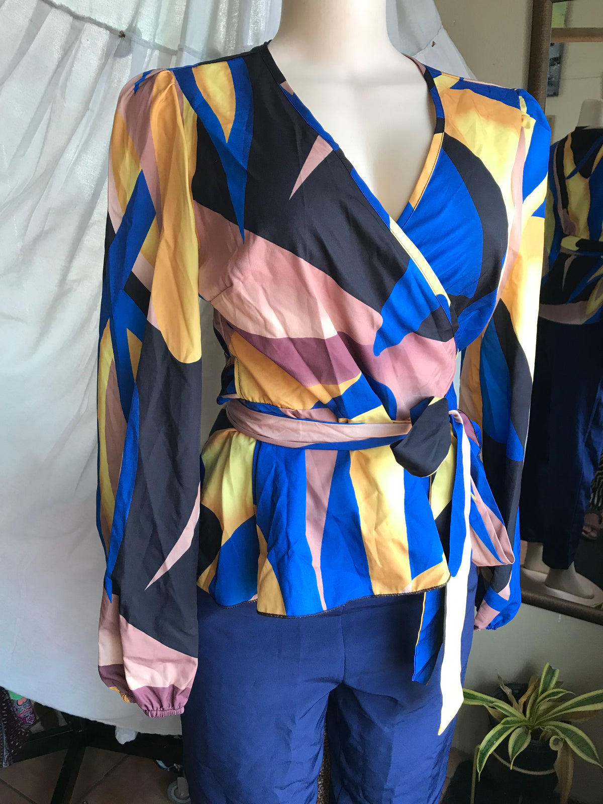 blue multi print wrap professional blouse ... s/m