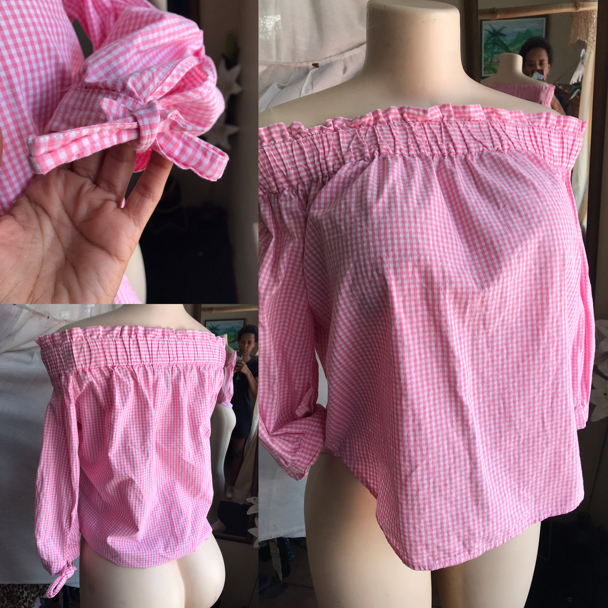 cotton pink plaid off the shoulder mid sleeve top...s,,,