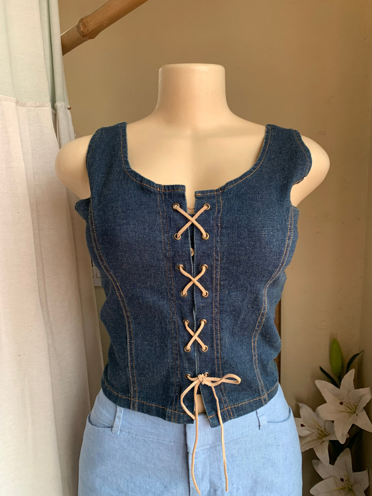 Retro Denim lace up top with back zipper … M-L