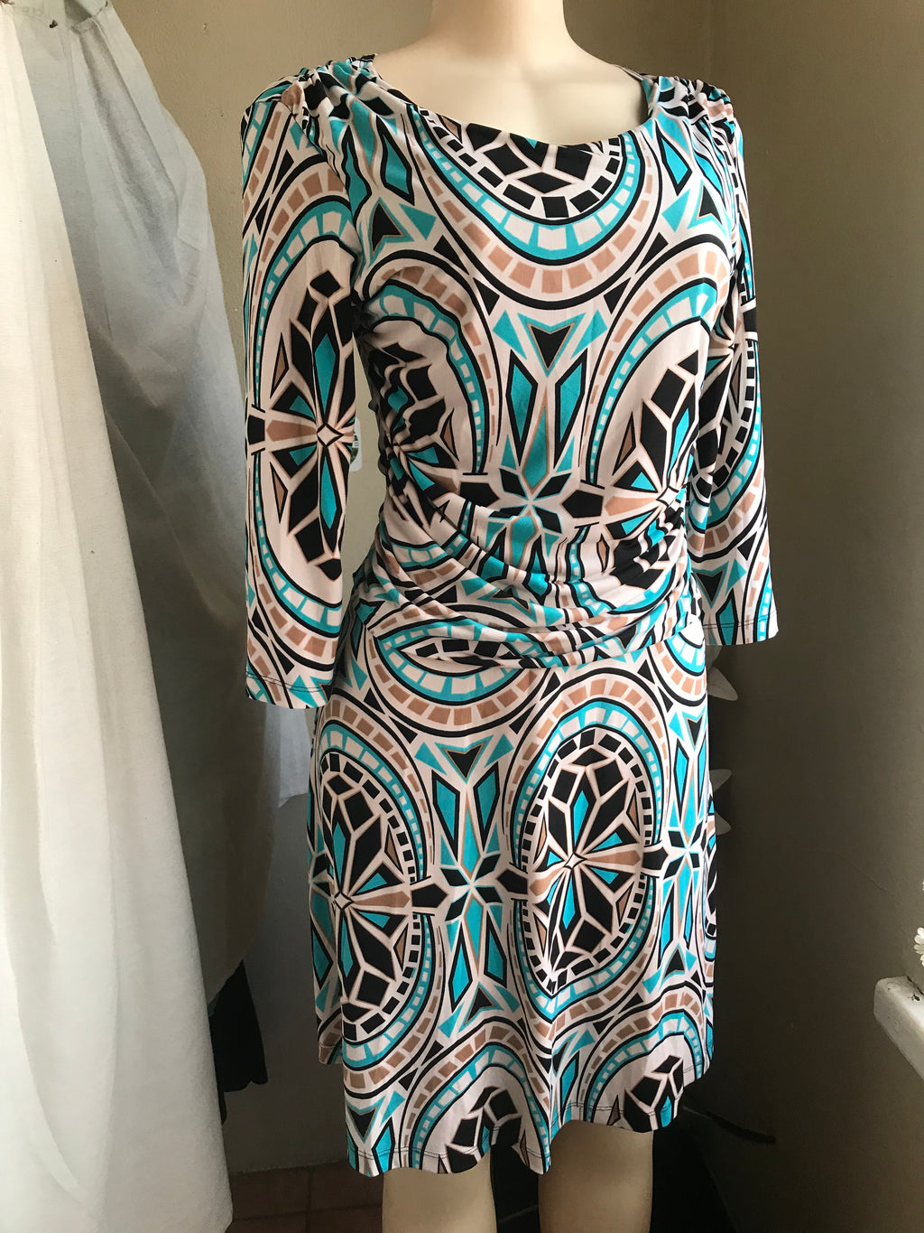blue retro print stretchy ruche dress mid sleeve. m