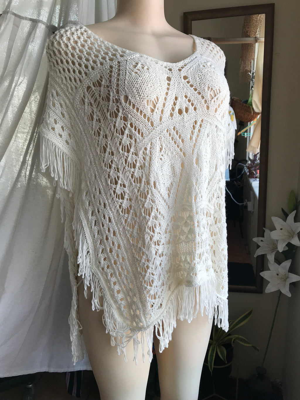 Cream crochet fringe coverup . one size