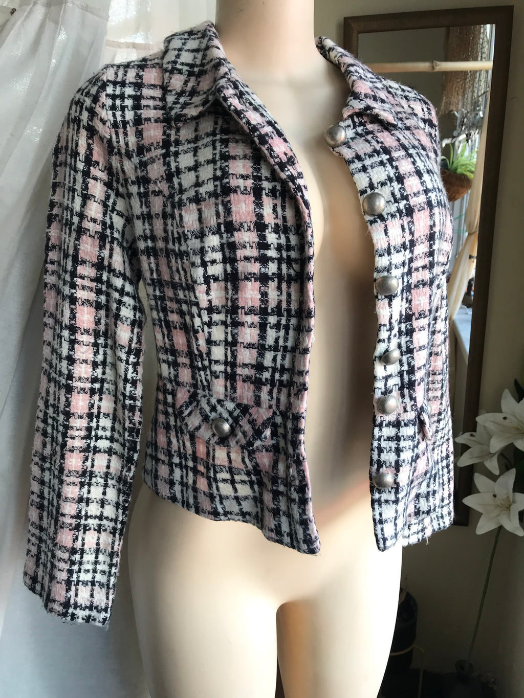 vintage tweed pink plaid blazer jacket ^^^ m/L