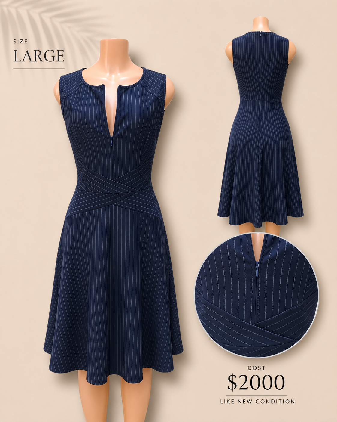 navy stripe professional sleeveless zip front dress babydoll L
