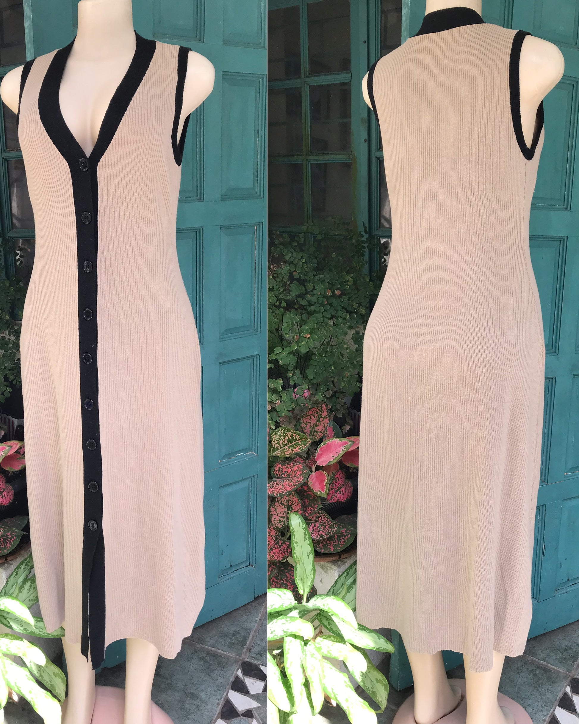 cream and black button down midi dress knit Sleeveless XL