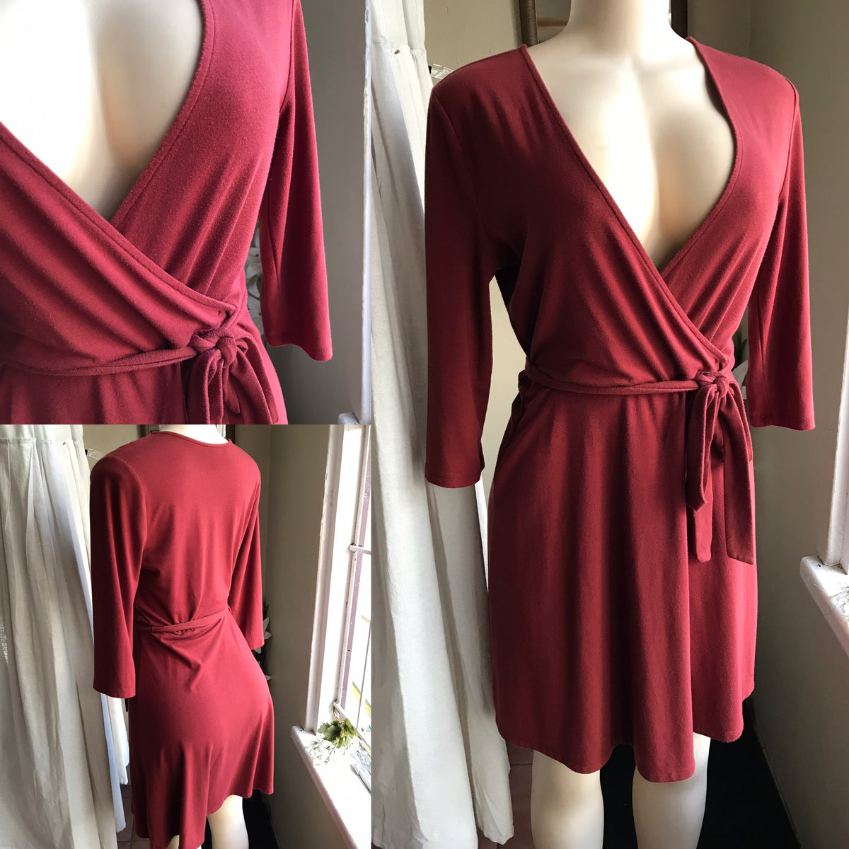 f21 maroon wrap style mid sleeve stretchy dress L