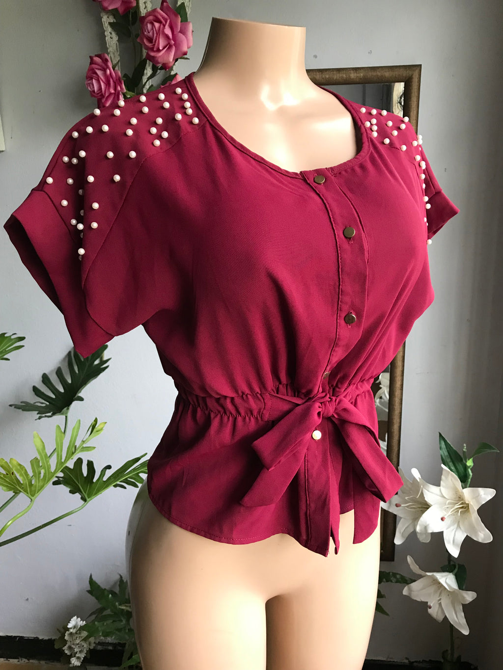 deep red professional peplum blouse with pearl detail ... M