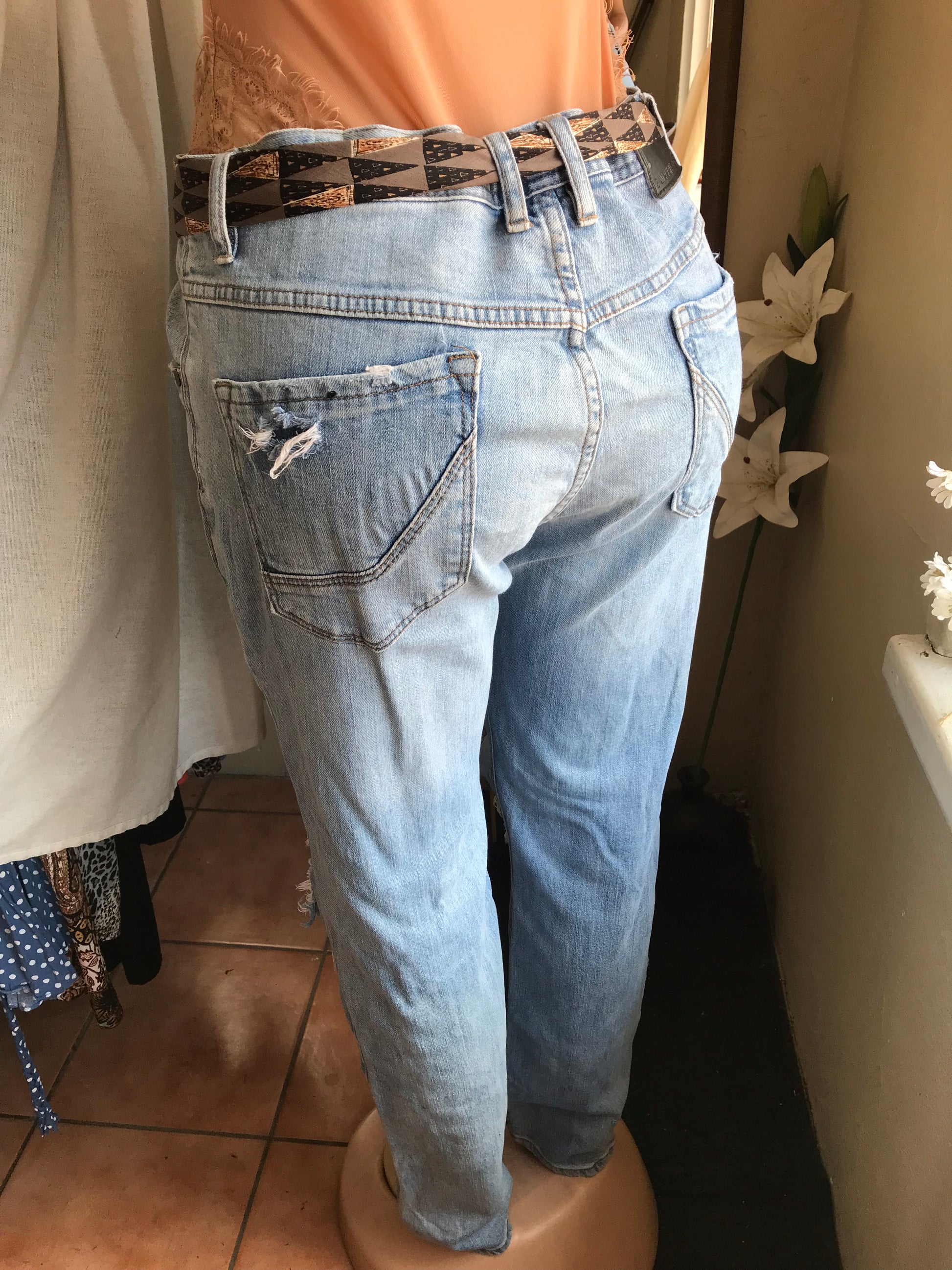 mens distressed loose jeans (shown on med mannequin)