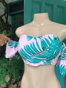 Pink tropical floral crop top blouse... S