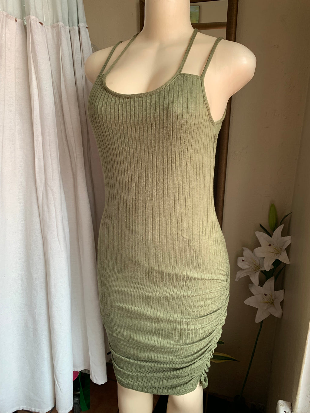Ribbed Olive ribbed bodycon dress spaghetti L
