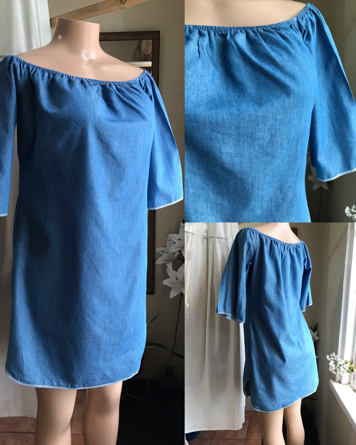 light denim off the shoulder mini tunic dress cotton blend . m to Large ,,,