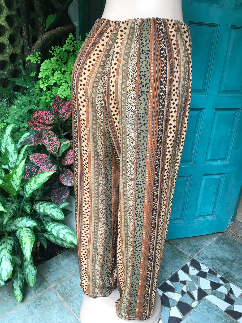 vintage Brown multi pattern draw string loose pants ::: one size fits most