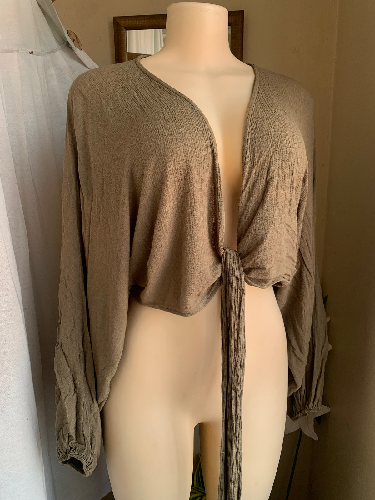Cotton light olive tie long sleeve top … up to L