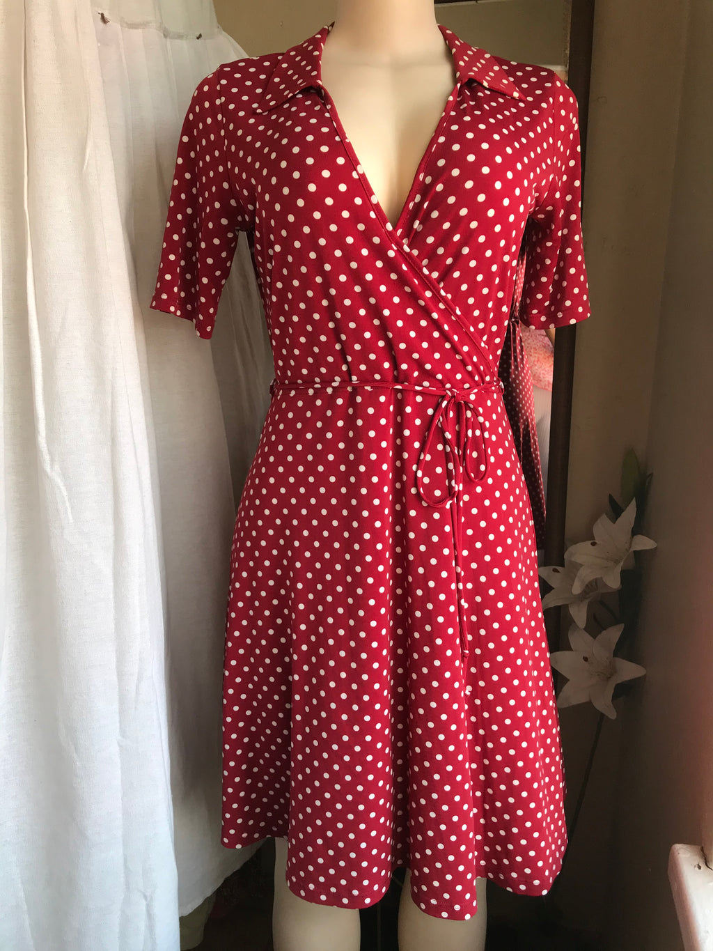 Retro style red polka dot wrap dress M