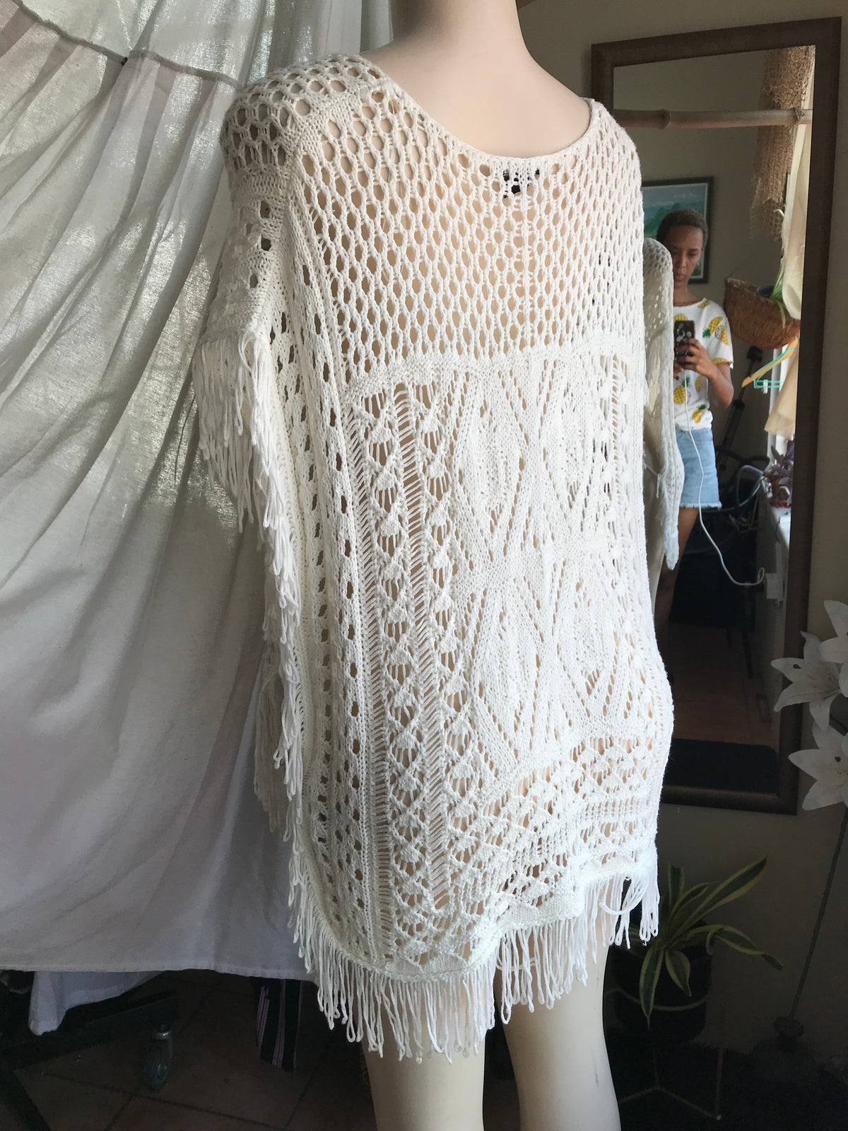 Cream crochet fringe coverup . one size