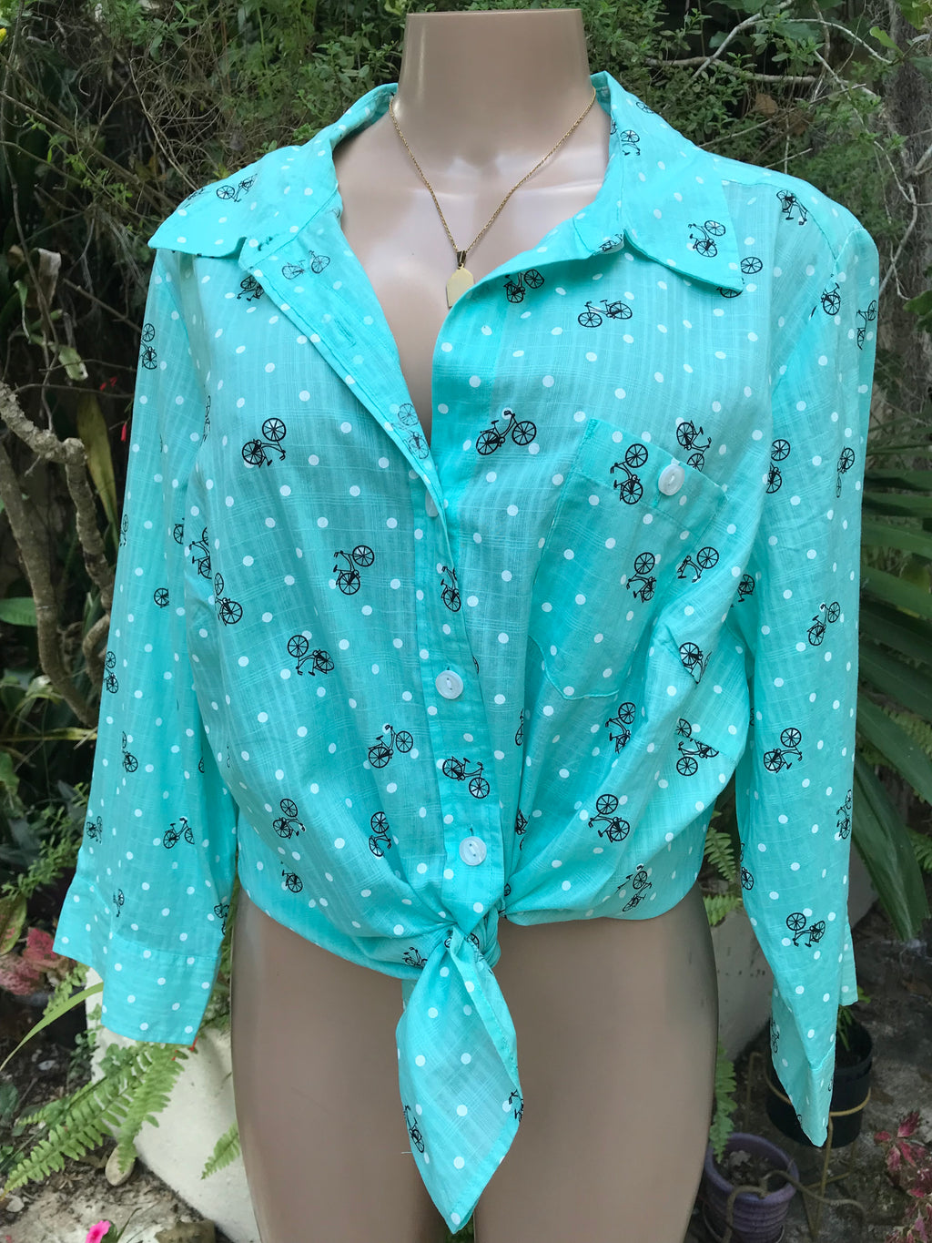 Retro Bicycle Print Teal Button Shirt ^^^ Plus/XL ... 100% Cotton ,,,