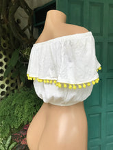 Load image into Gallery viewer, Organic white off the shoulder pom crop top...lll M ,,,
