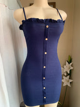 Load image into Gallery viewer, Navy blue body con mini dress with wooden buttons s with stretch
