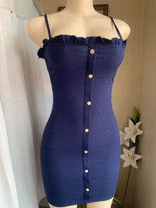 Navy blue body con mini dress with wooden buttons s with stretch