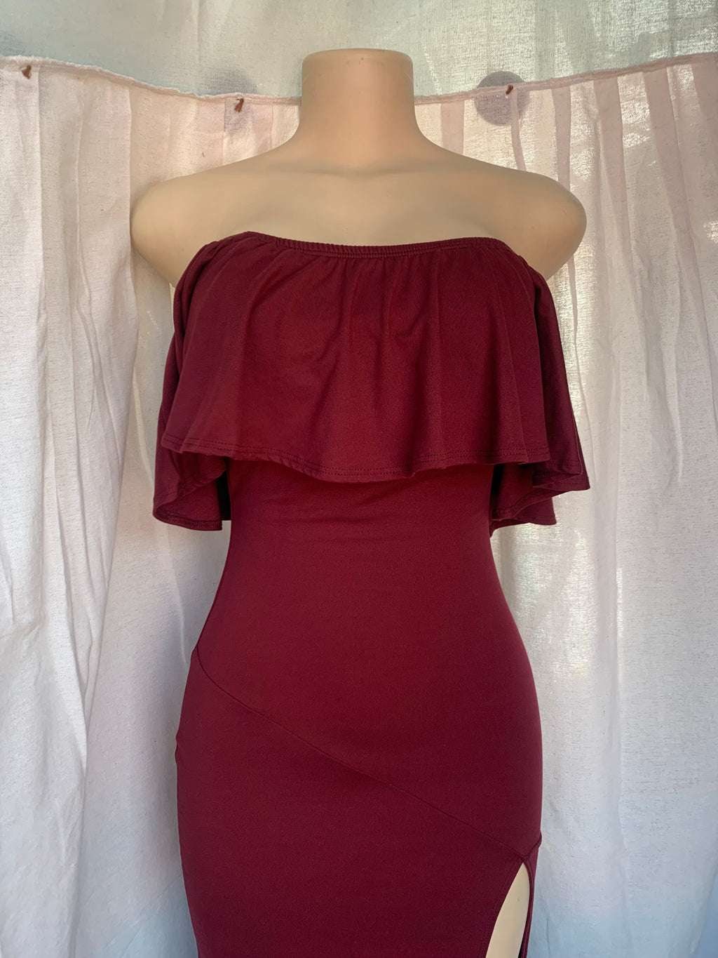 Burgundy off the shoulder date night maxi bodycon dress with leg slit /s