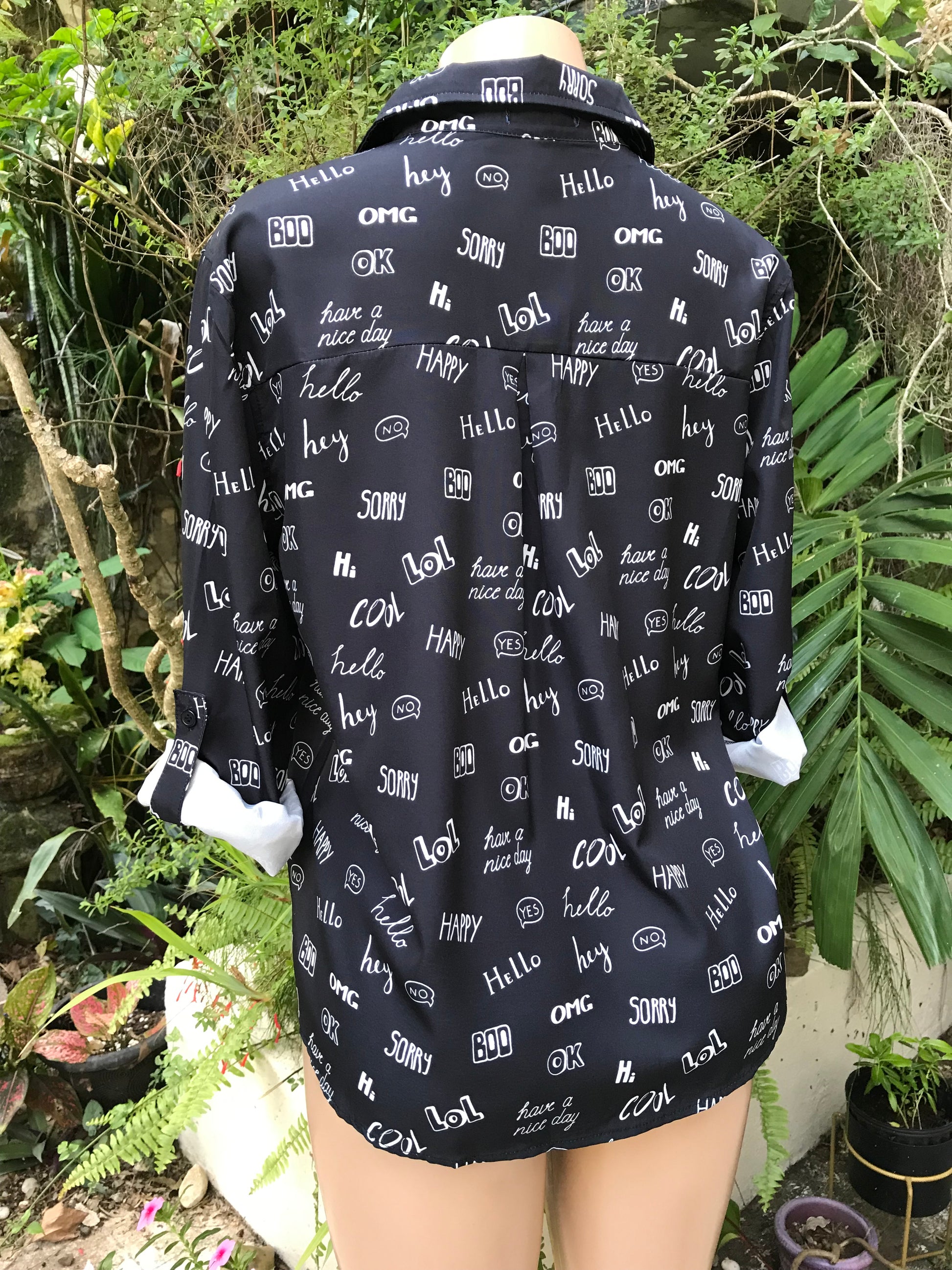 New Tag Black Speech Graphic Button Shirt ... Plus /XL
