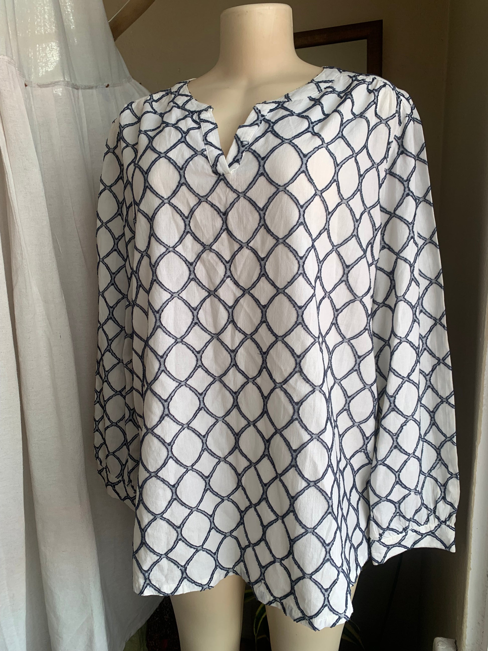 Retro Cotton navy patterned long sleeve blouse … L / XL,,,