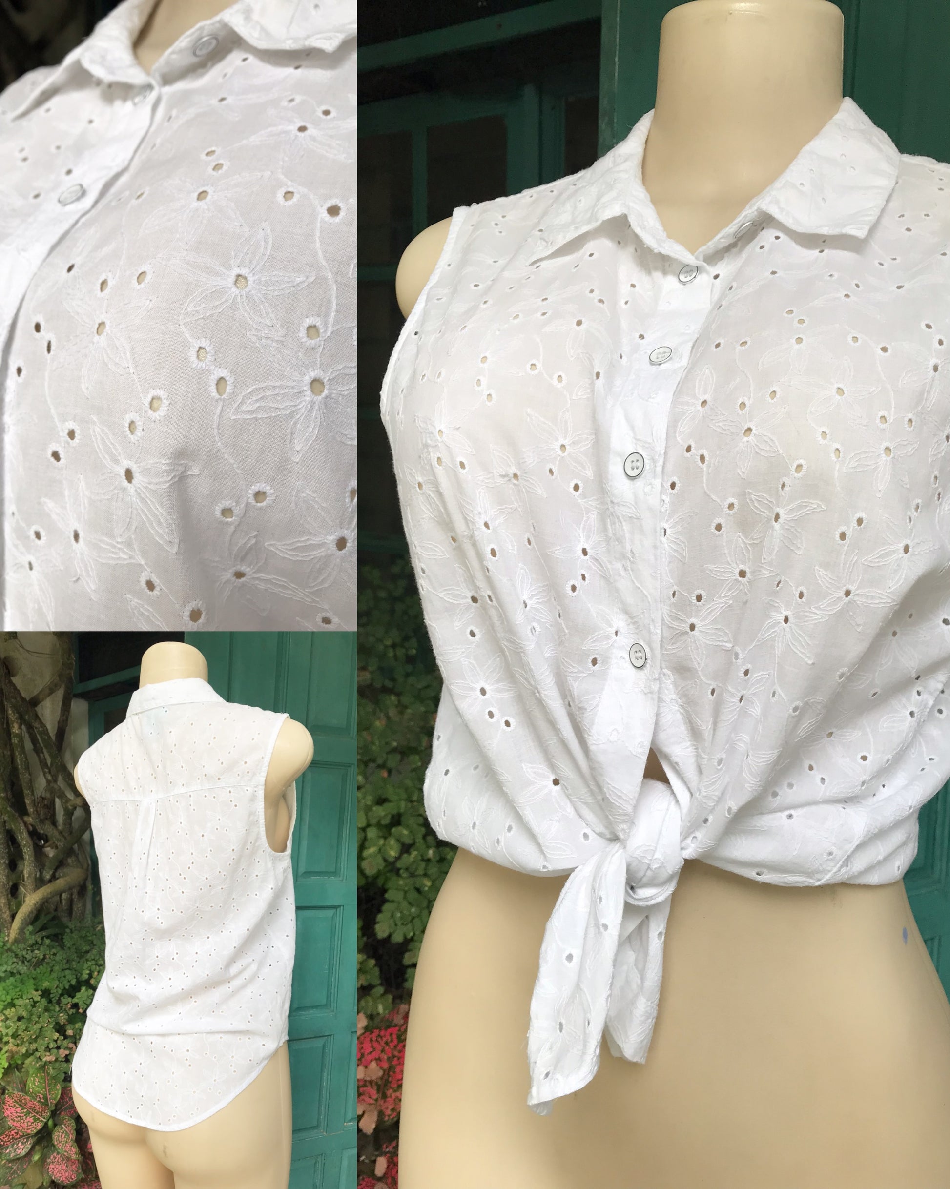 cotton vintage floral embroidery eyelet button sleeveless blouse ,,, m
