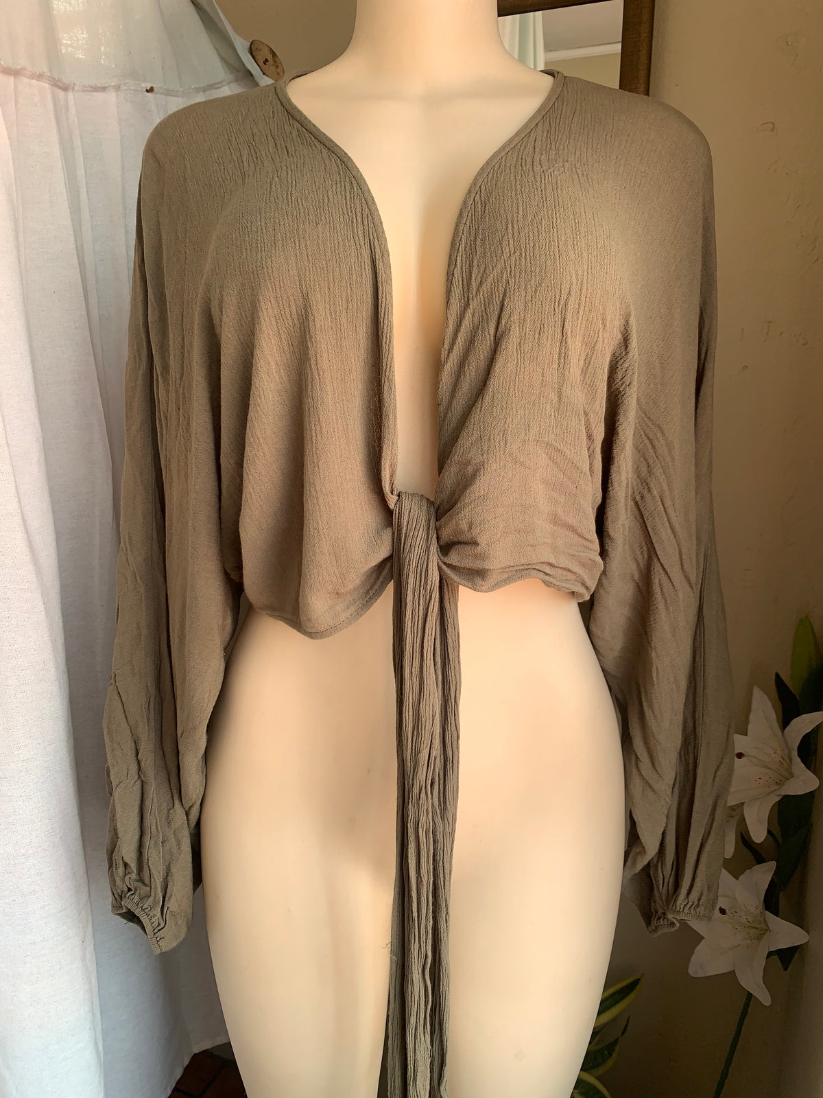 Cotton light olive tie long sleeve top … up to L