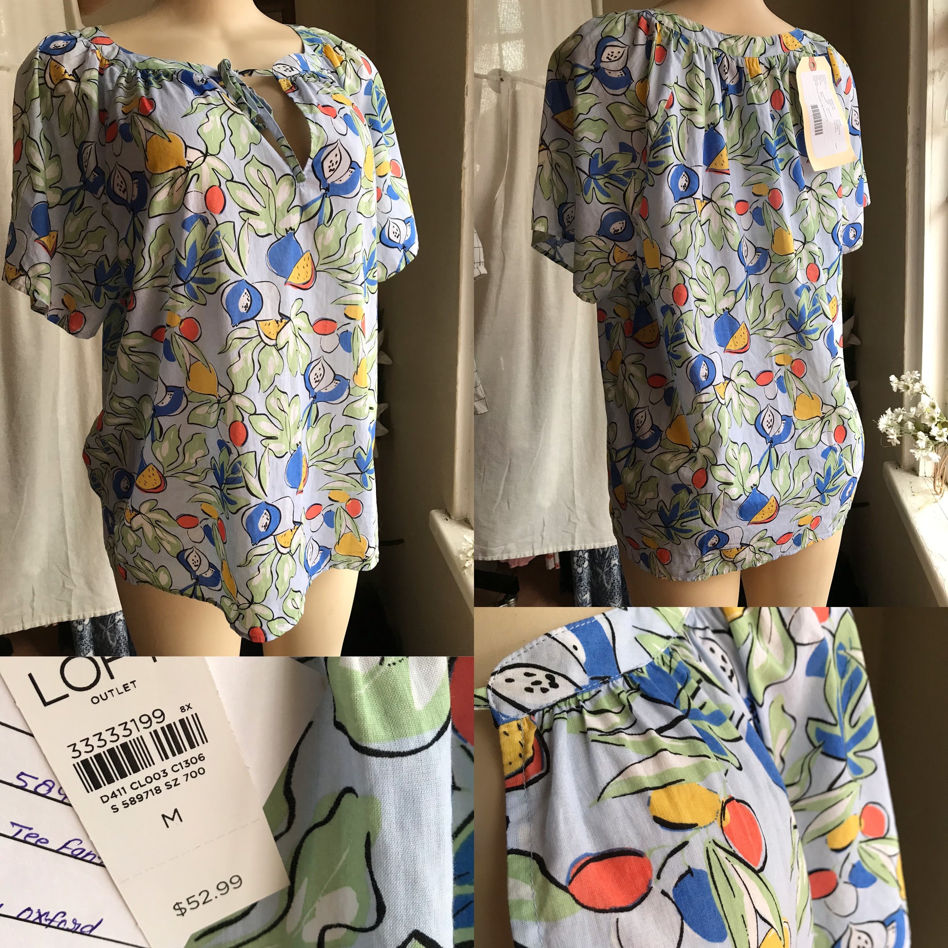new tag Ann Taylor blue lemon melon print blouse 100% cotton ... L ,,,