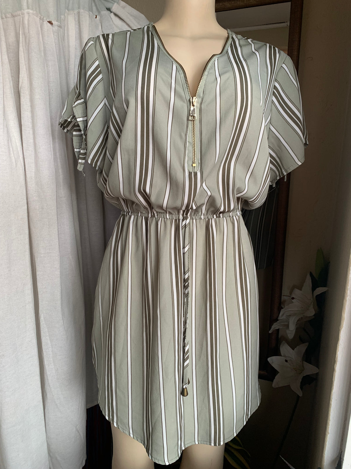 Sage green striped zip Shirt-Dress dress with elastic waistband XL