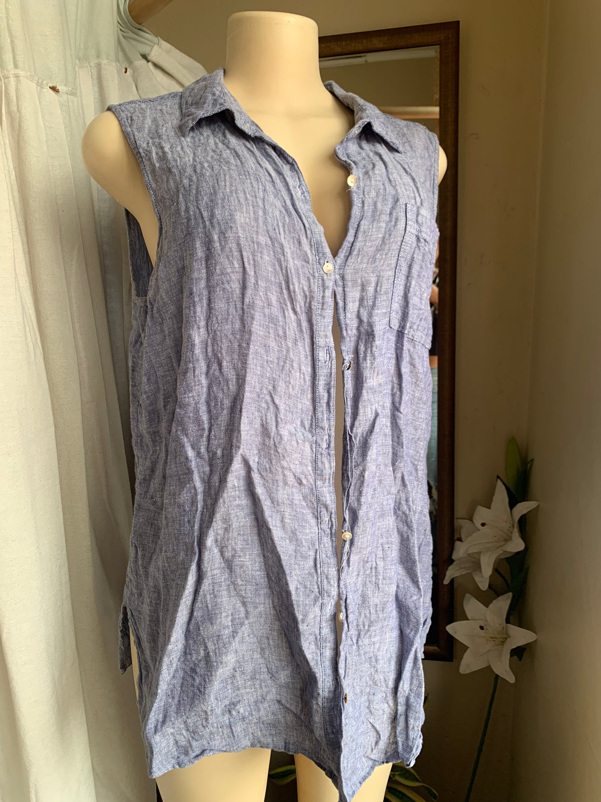 Linen sleeveless button down shirt navy blue … XL