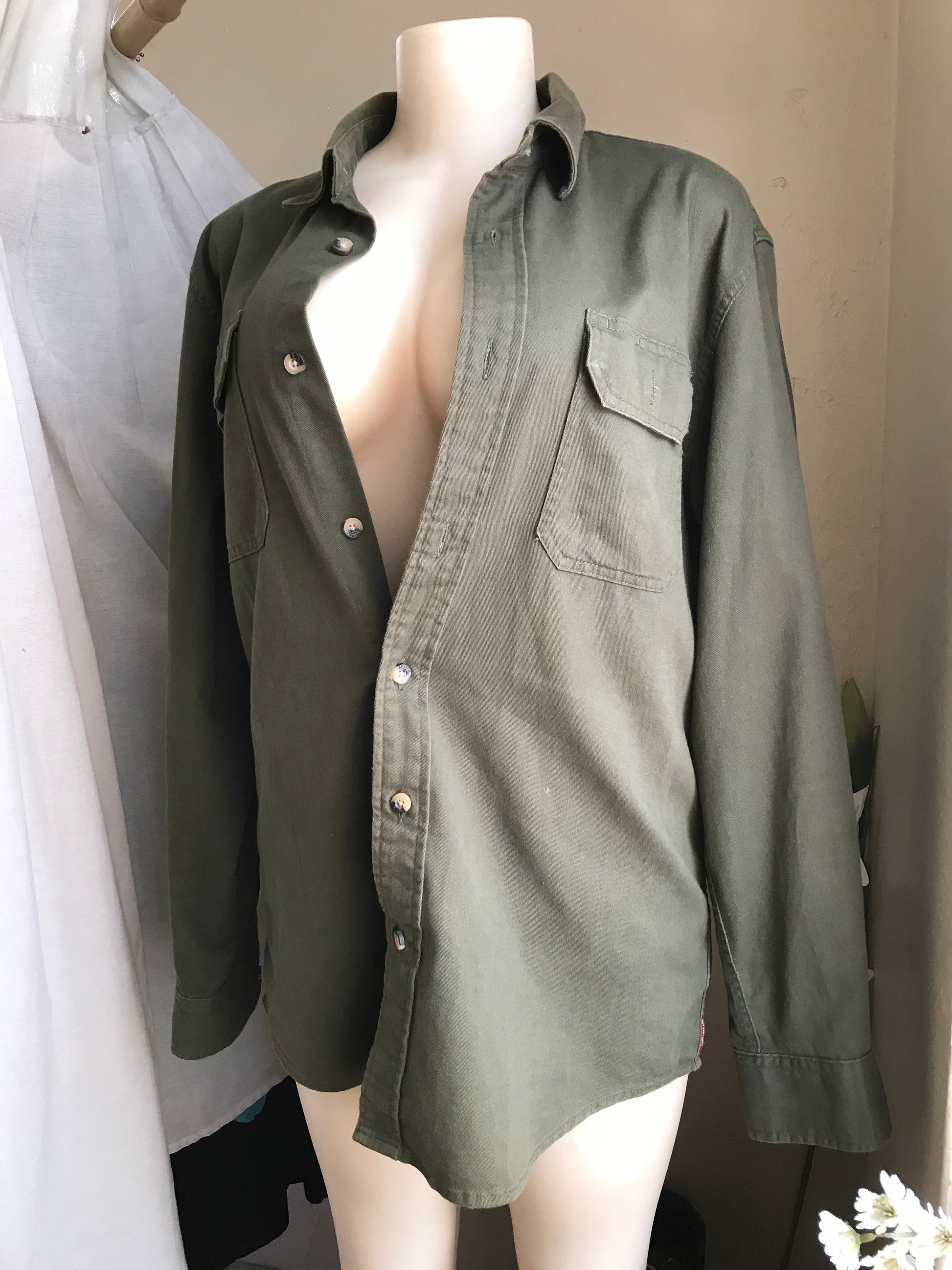 wrangler button shirt army green ... mens m