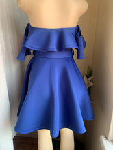 Load image into Gallery viewer, Off the shoulder Royal blue statement dress with belt S/M
