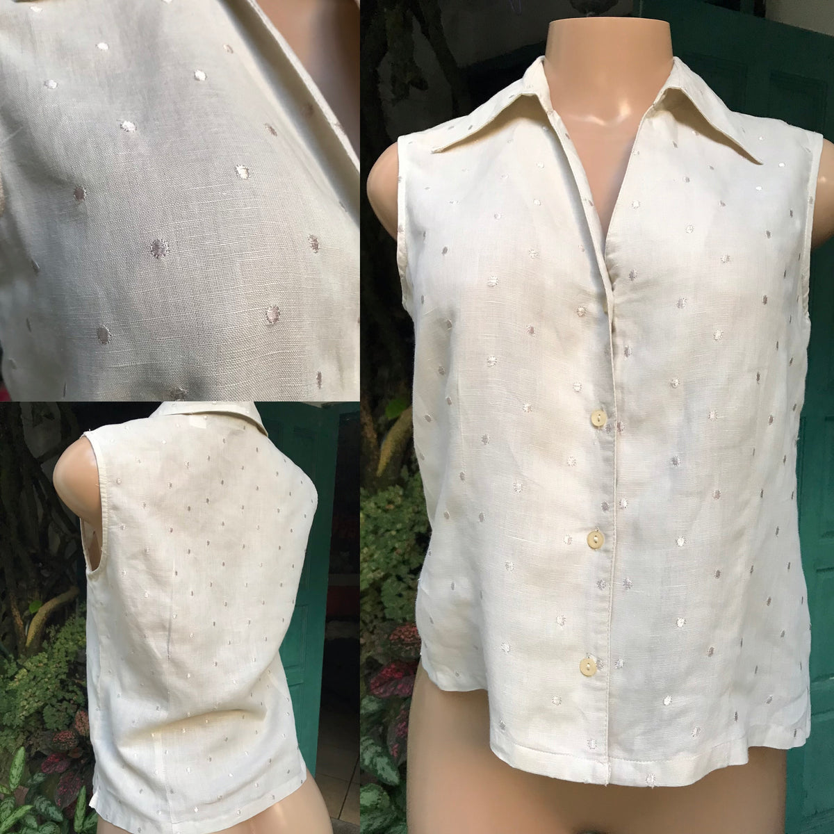 Vintage sand Sleeveless button shirt embroidery polka  ^^^ M to L
