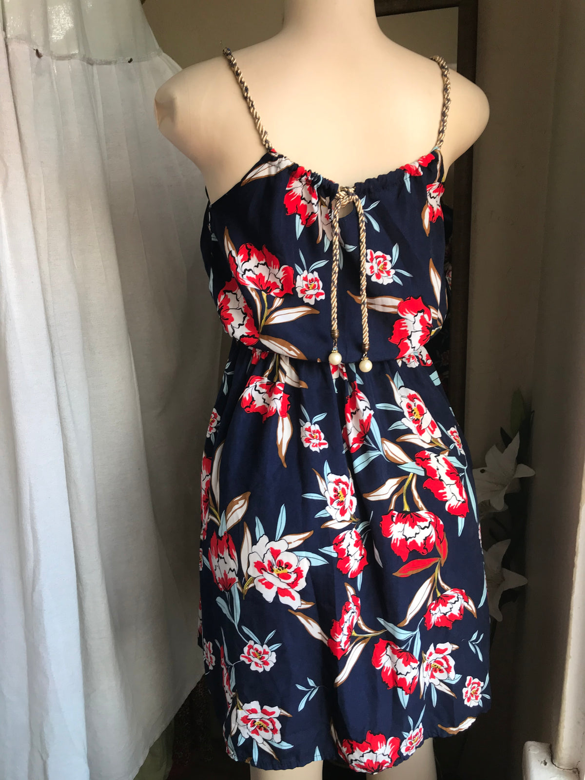Navy blue with red floral print Sun dress s/m