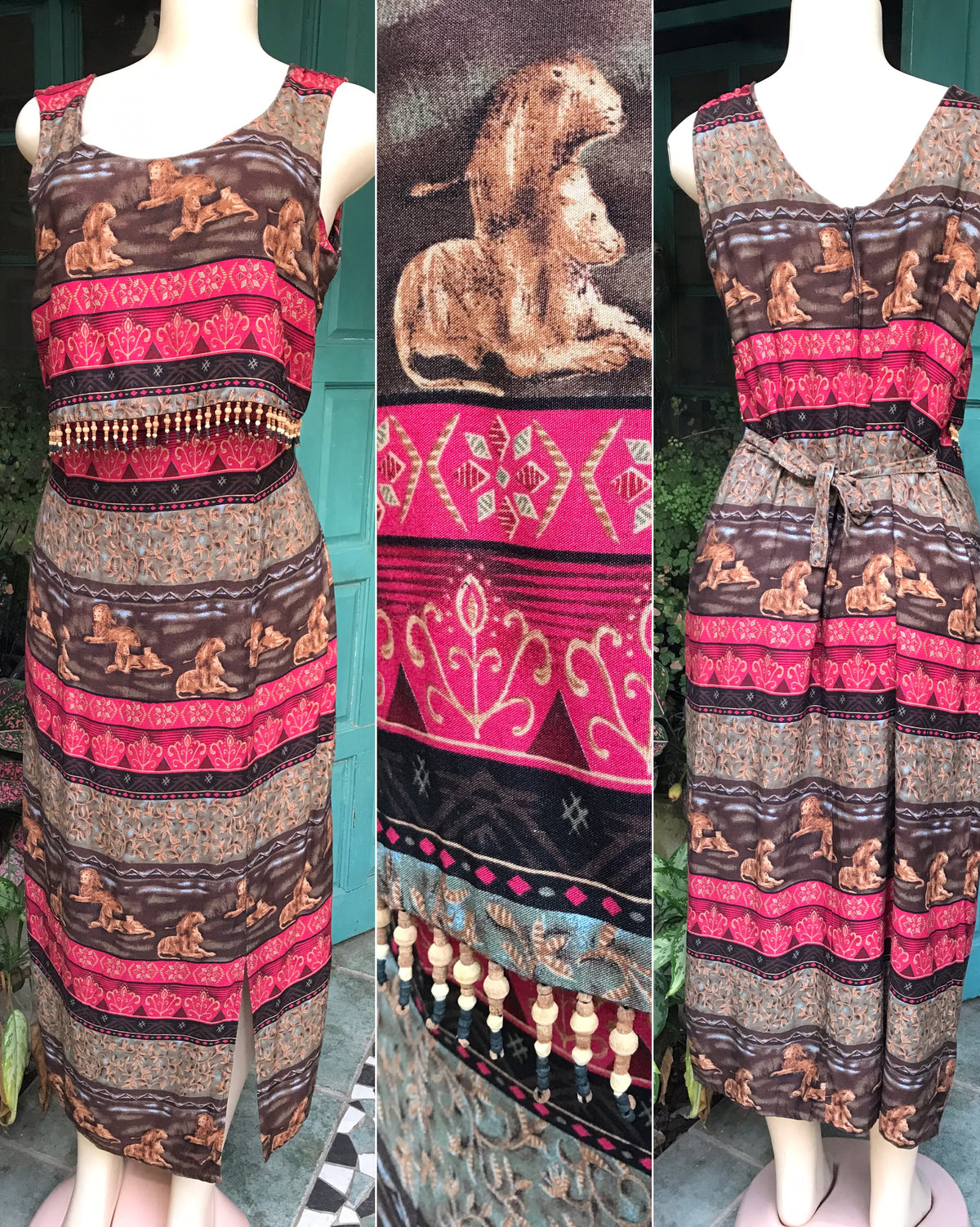 vintage lion print beaded midi dress with slit organic ,,, M to Large