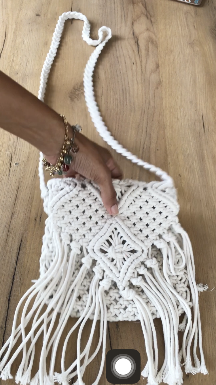 white macrame crossbody fringe bag