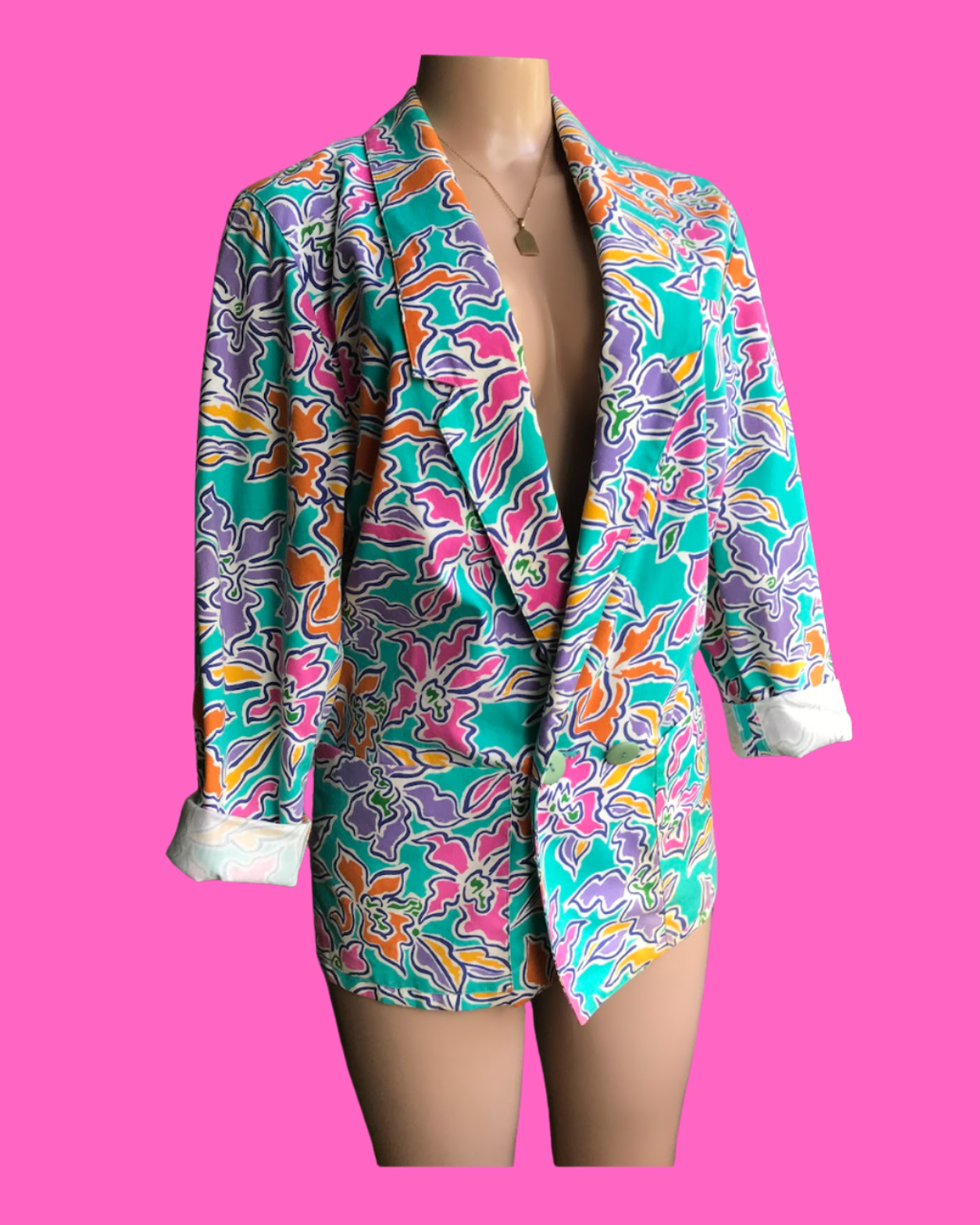 80s Vintage teal pop pattern jacket 100% cotton ^^^ S to M ,,,