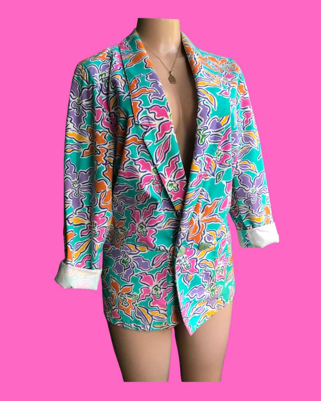 80s Vintage teal pop pattern jacket 100% cotton ^^^ S to M ,,,