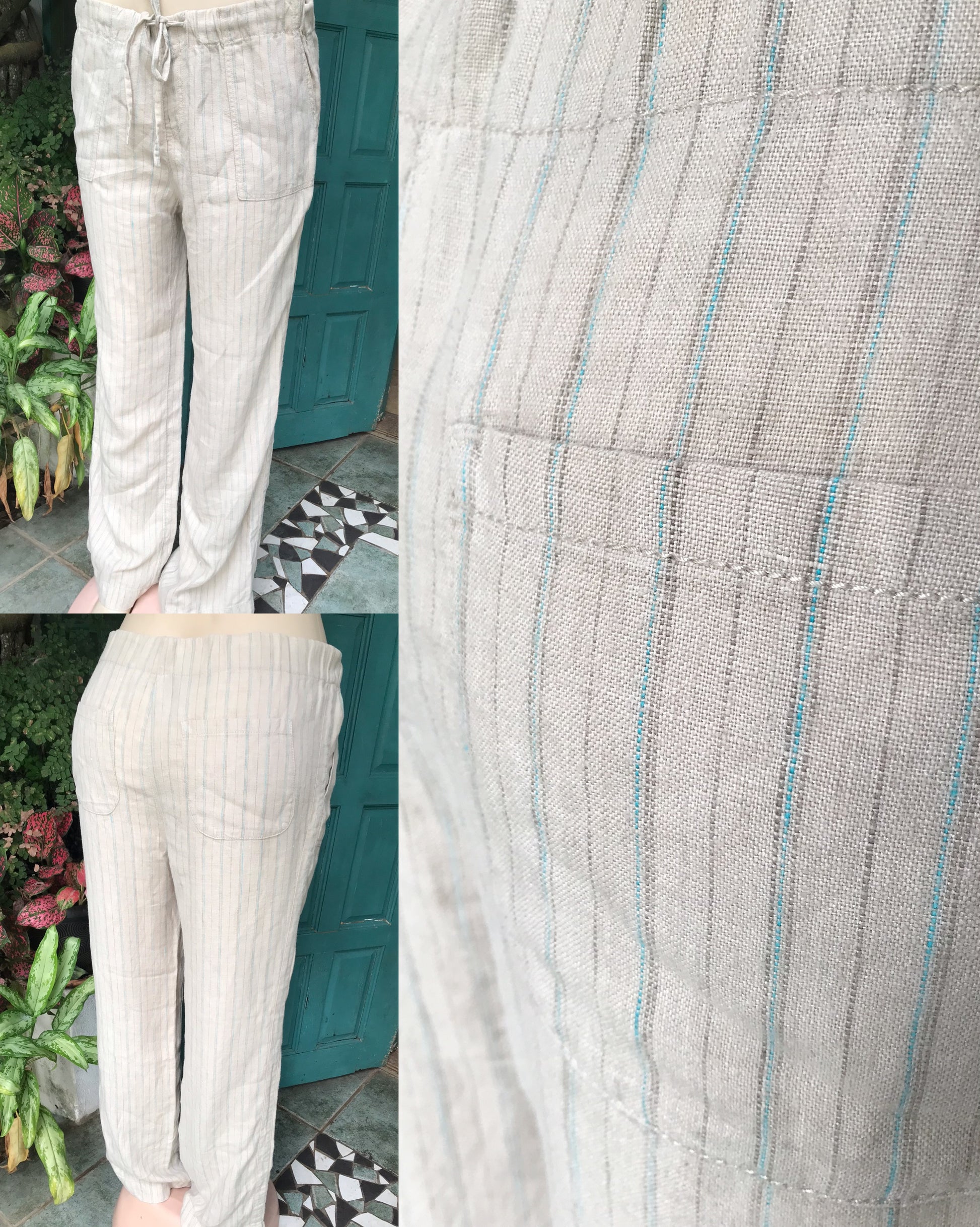 cream stripe linen draw string pants ::: m to L ,,,