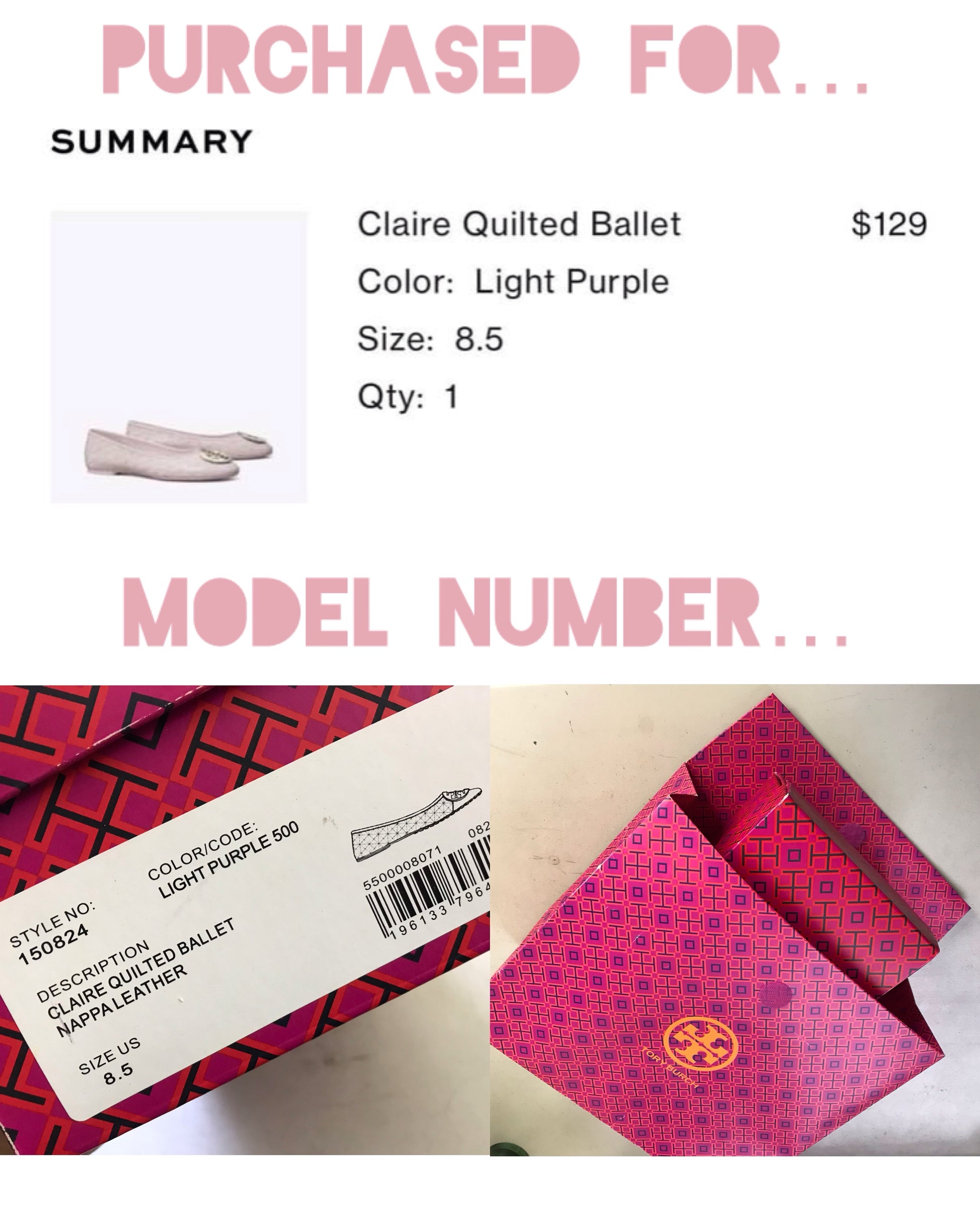New in Box Tory Burch quilted light purple Ballet Flats *** size 8.5