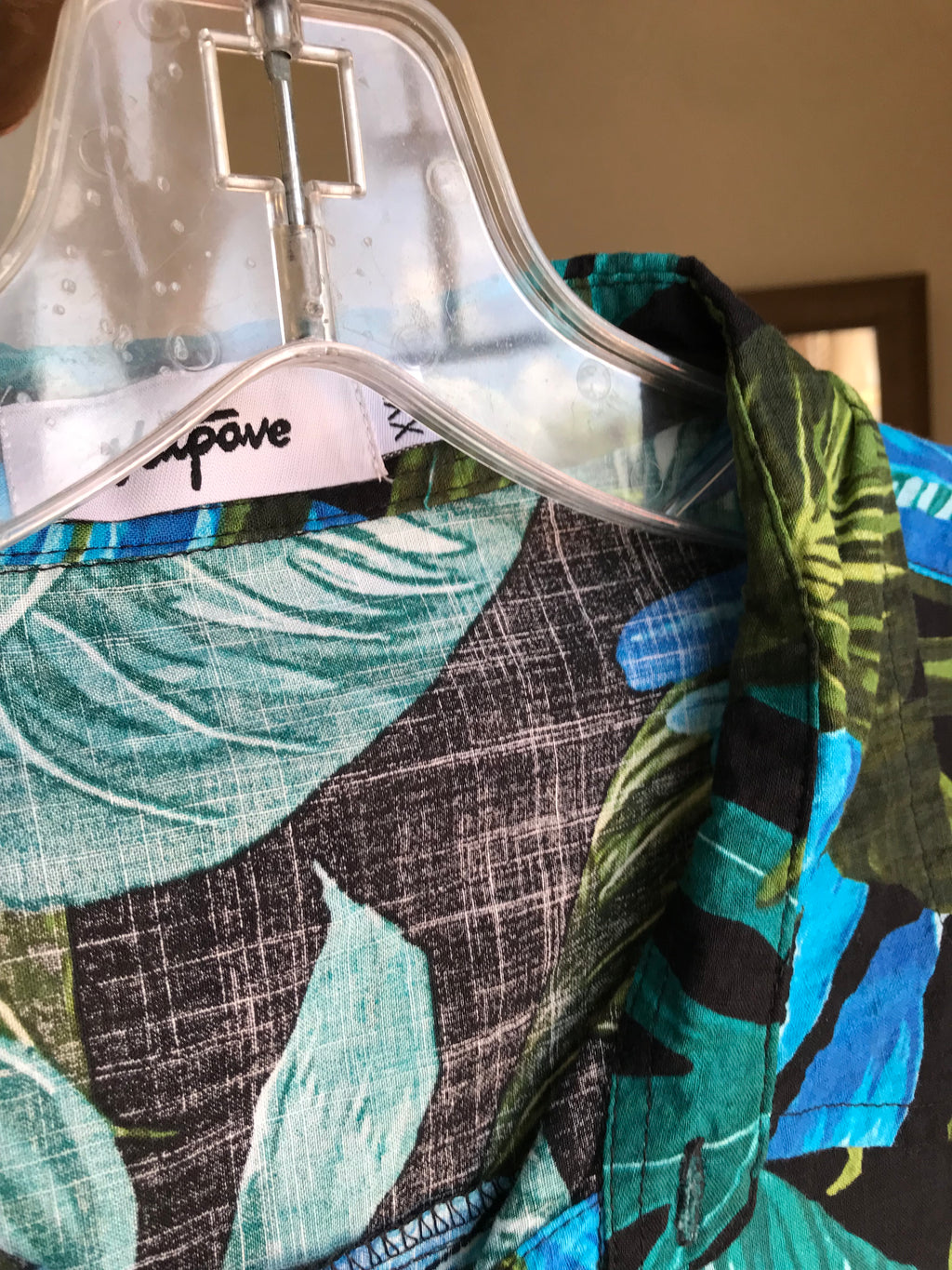 Men's cotton blend tropical leaf print shirt blue green,,, /XL ^^^