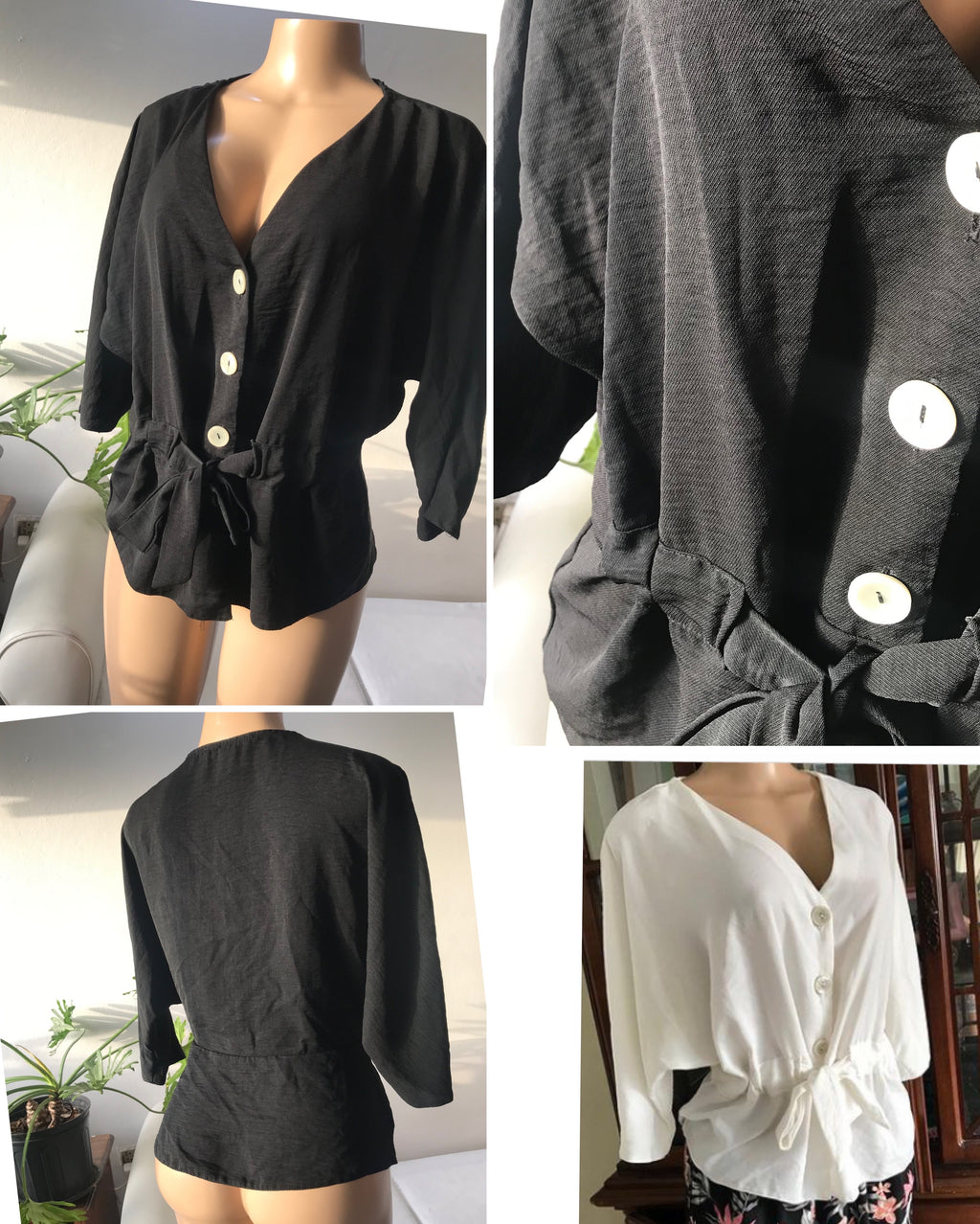 Black button down blouse tied • L (available in white)
