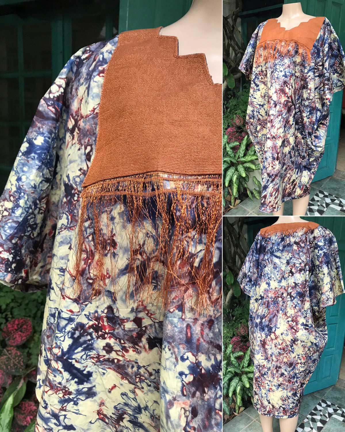 Vintage marble print fringe kaftan dress organic /xl