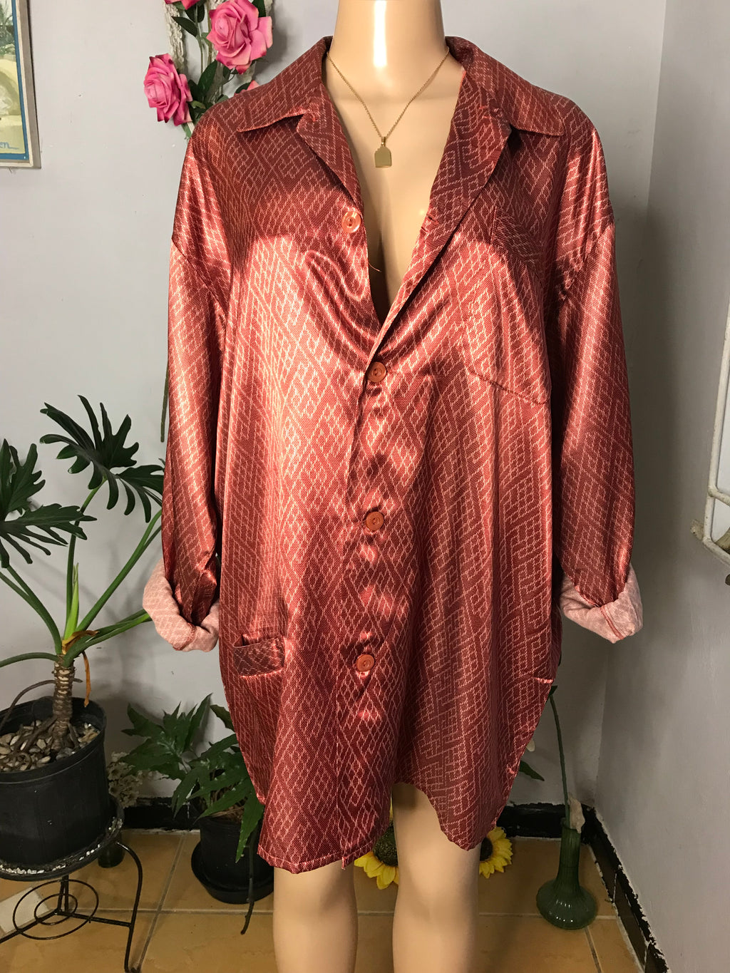 Maroon Silky Print Pajama Shirt/Dress ... Fits Up To Plus/XL