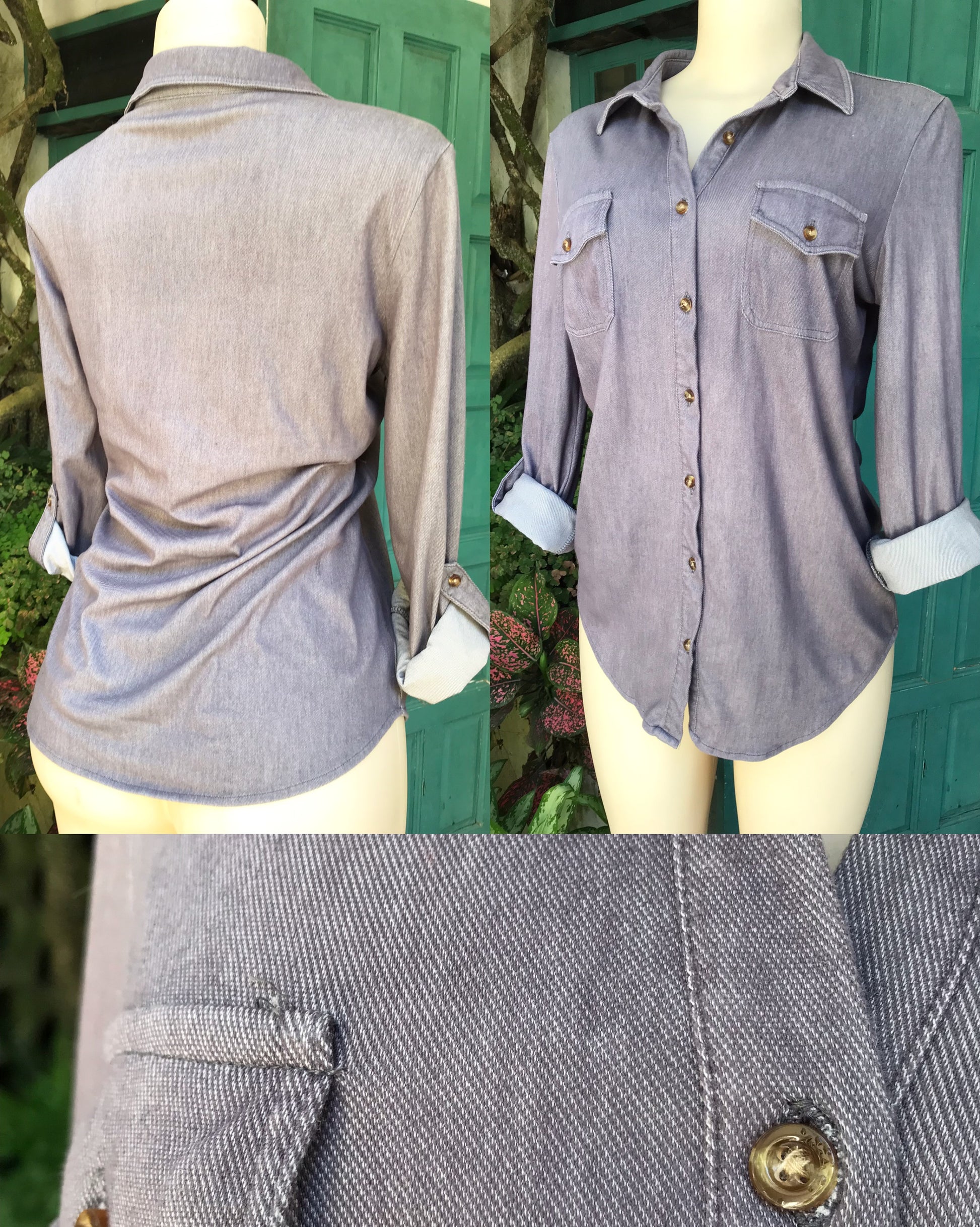 grey stretchy button shirt cuffed ... small to medium