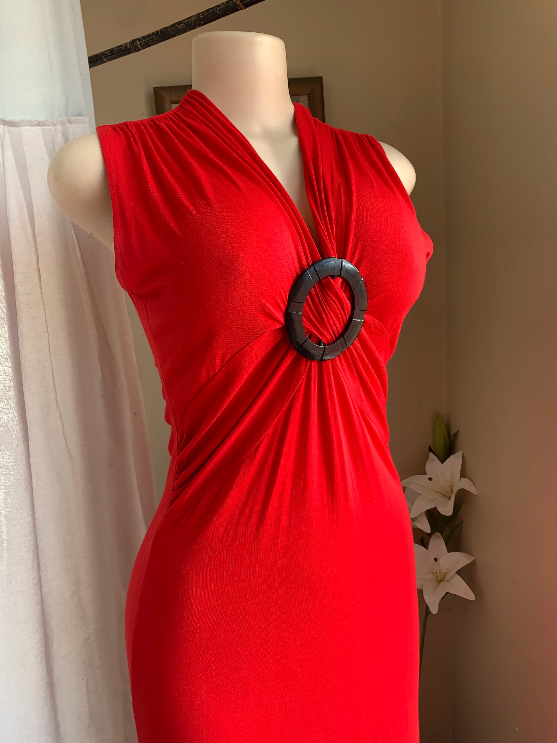 Cherry red maxi dress with black buckle . M