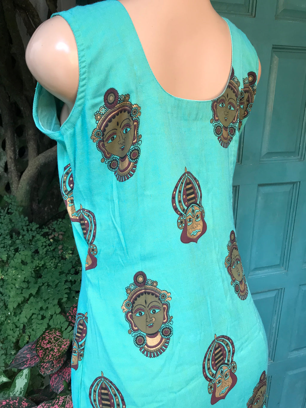 Teal Organic Vintage Tribal Faces Midi Dress Gold Detail Slit  M ,,,