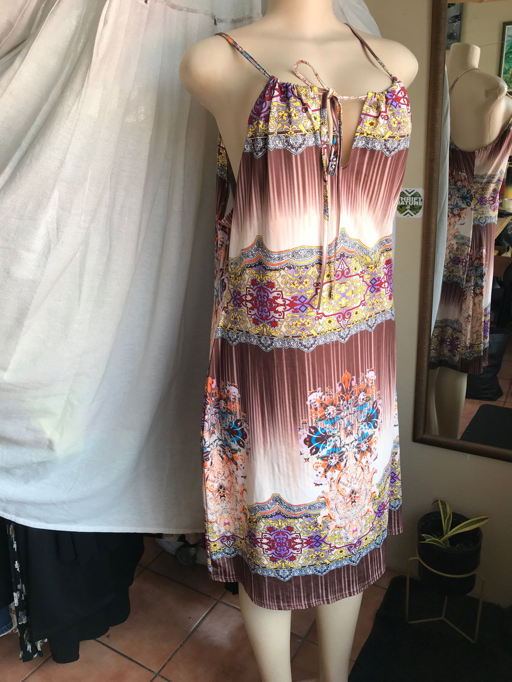 stretchy retro print brown halter dress /xl