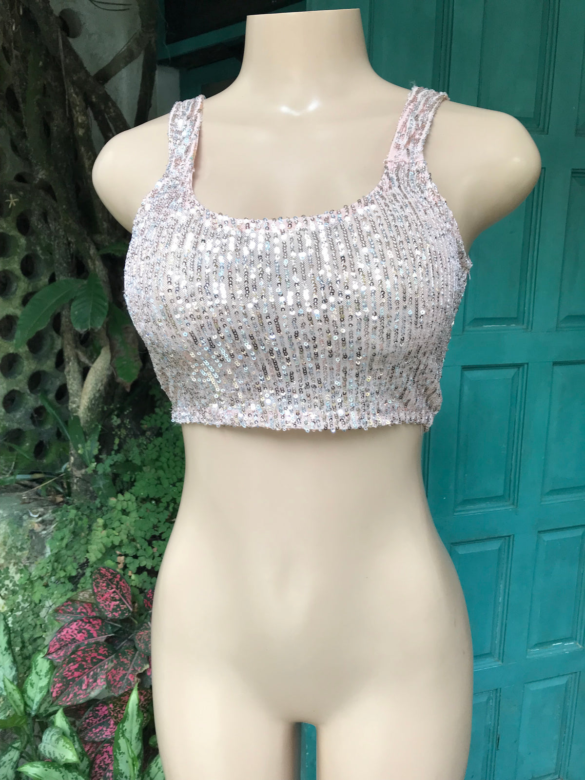 nude pink sequin crop top ... m