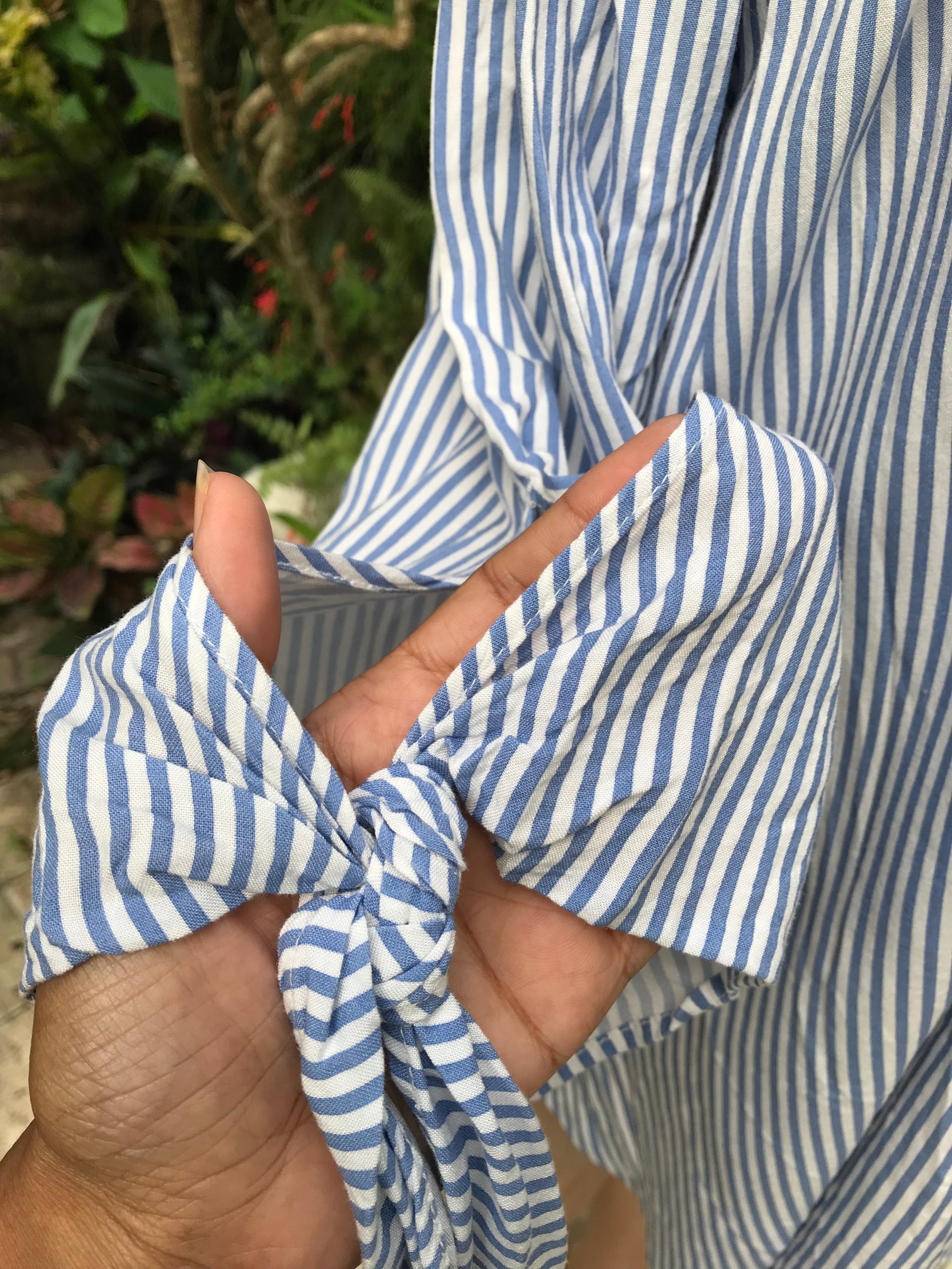 Blue stripe Rayon off the Shoulder Blouse Tied Sleeve ... L to Plus/XL
